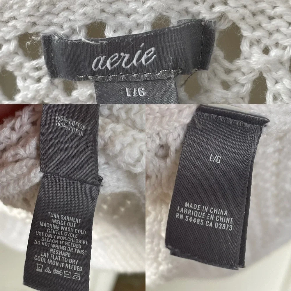 AERIE White Cotton Crochet Open Knit Sweater L - Picture 4 of 5